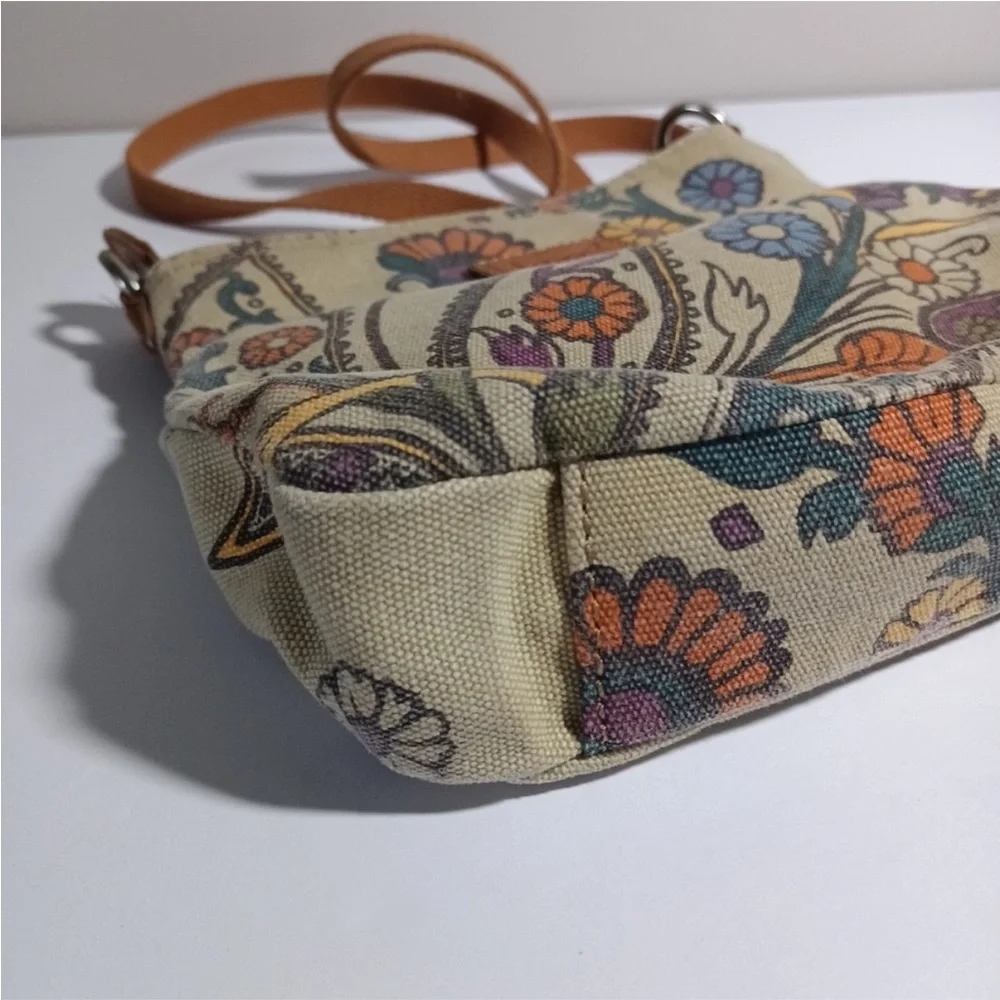 Fossil Vintage Cotton Floral Print Crossbody bag In Tan With Brown Leather Strap
